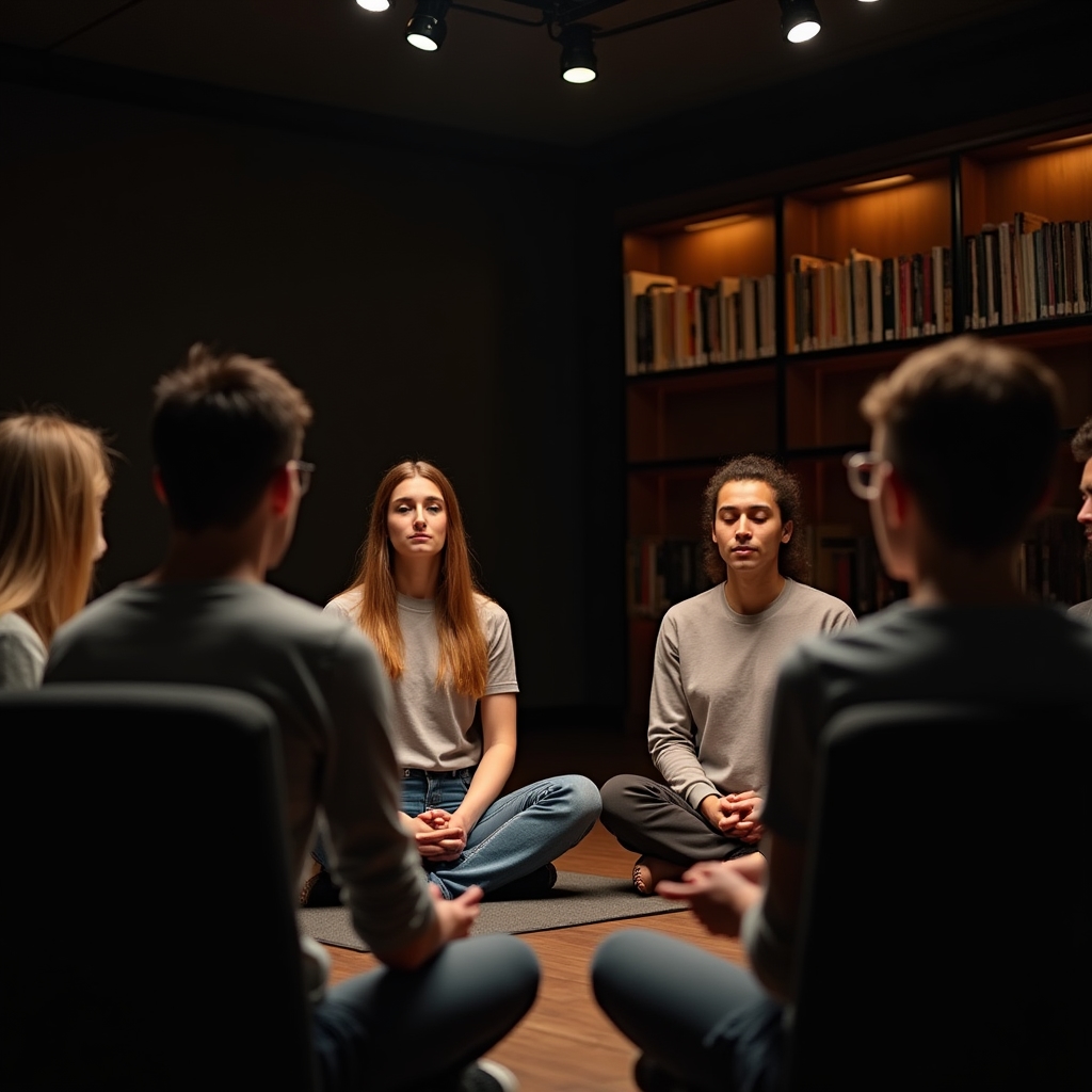 Sesiune de mindfulness în interior cu lumini calde